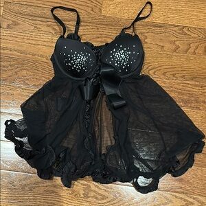 Victoria's Secret Black Chemise with Sparkly Bust and Sheer Ruffle Bottom - 34B